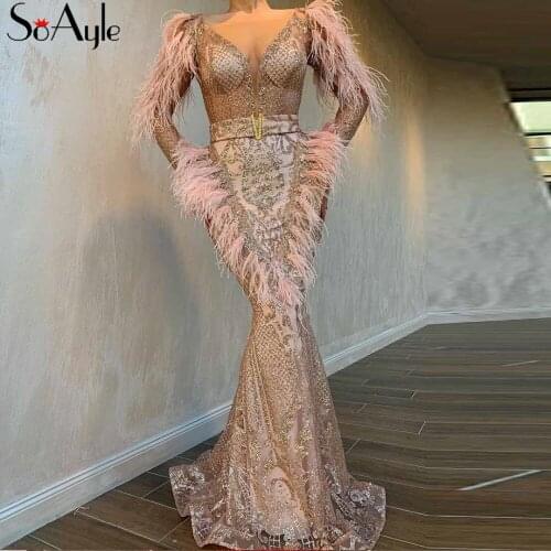 SoAyle Prom Dresses 2019 Feathers vestidos de gala Gold Powder Lace Evening Dresses Sexy Mermaid Long Dress Pink Prom Dress