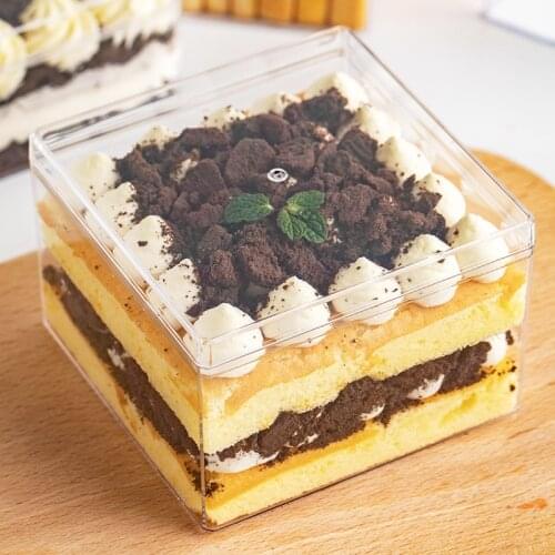 20pcs High quality 380ml square clear plastic box favors cake pastry Tiramisu Hibiscus cup packaging dessert snack cup with lid