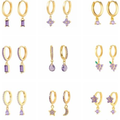 Aide 925 Sterling Silver Purple Crystal Flower Charm Hoop Earrings Women 2021 Trend Luxury Waterdrop Pendant Pendientes Jewelry