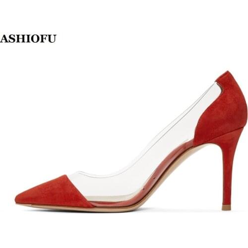 ASHIOFU New Handmade Hot Sale Womens High Heel Pumps PVC Patchwork Office Dress Shoes Slip-on Evening Fashion Pumps Court Shoes
