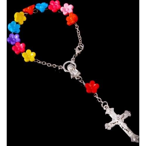 Catholic Rose Beads Rosary Cross Bracelet, Charm Rosary Guadalupe Cross Bracelet, Religious Baptism Childrens Bracelet