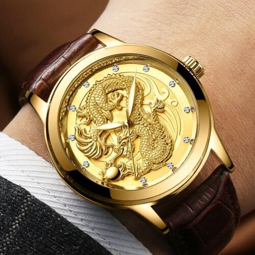 Brand Watch Mens Gold Dragon Watch Quartz Waterproof Mens Business WristWatches Ultra-thin Leather Strip Relogios masculinos