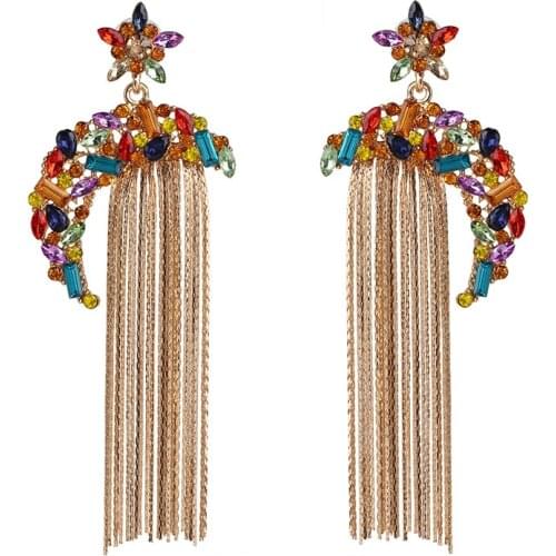 2020 Fashion Alloy Long Tassel Earrings Women New Colorful Rhinestone Moon Star Drop Earrings Femme Geometric ZA Earring Jewelry