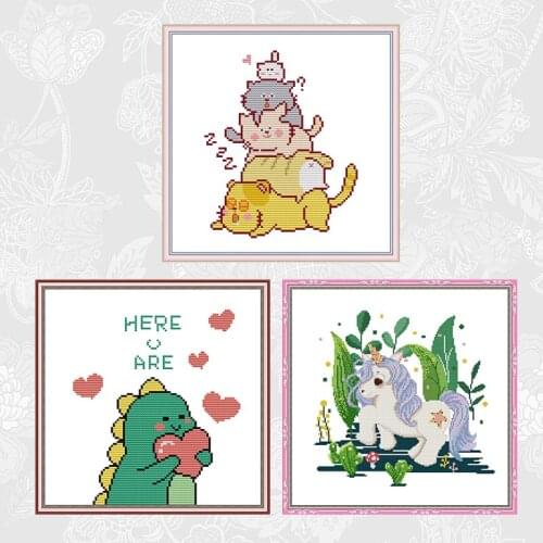 Loving Dinosaur and Unicorn Cross Stitch Pattern 14CT 11CT Printed Canvas DIY Handmade Cross Stitch Kits Embroidery Needlework