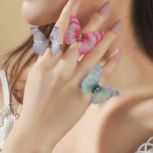 3pcs/set Fashion Net Yarn Butterfly Girls Woman Adjustable Ring Sweet and Romantic Rhinestone Jewelry Finger Accessories