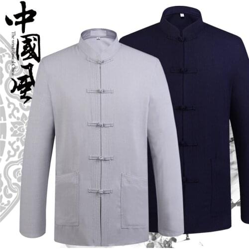 High Quality Spring Autumn Mens Long Sleeve Cotton Linen Tang Suit Shirts Kungfu Stand-collar Jackets