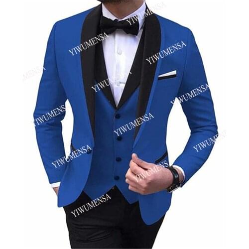 Costume Homme Mariage Formal Black Shawl Laple Royal Blue Mens Jacket & Vest & Pants Slim Fit Tailor-Made Suits Daily Blazers