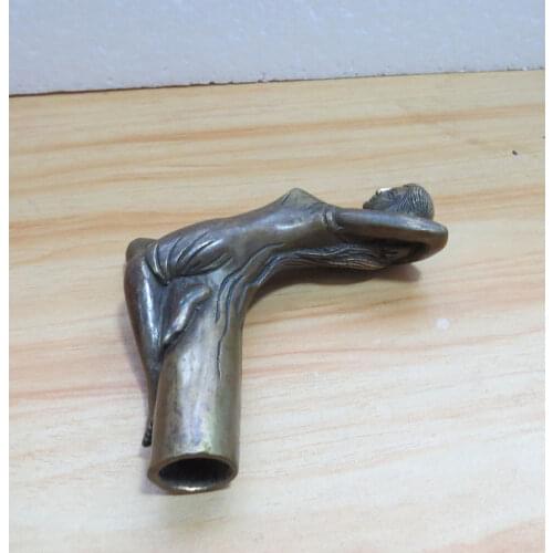 Folk Bronze Brass Asian Nepal Chinese Hand Carved female Crutch Cane Head Walking Stick beauty women