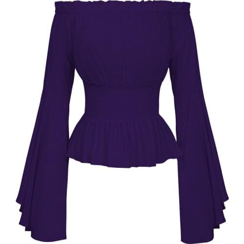 New Long-sleeve Medieval Blouse Off-shoulder Lace Ruffle Neckline Shirt High-waisted Pleated Elastic Tops Cosplay Party Costume