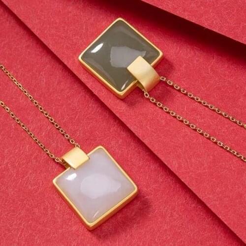 New original natural Hetian white geometric Square Pendant Necklace with Chinese retro Bohemian womens silver jewelry