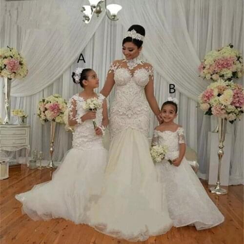 Long Sleeve Flower Girl Dresses for Wedding Mermaid Applique O Neck First Communion Dress for Girl