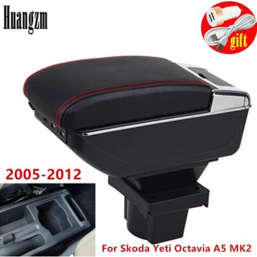 For Skoda Yeti Octavia A5 MK2 2005-2012 Armrest box Dual Layer Rotatable PU Leather Center Console Storage Box Ashtray USB