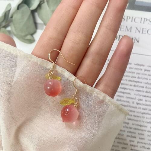 French Glass Peach Fruit Dangle Earrings Girls Sweet Lovely Elegant 2021 New Trendy Jewelry Women Delicate Cute Drop Earrings