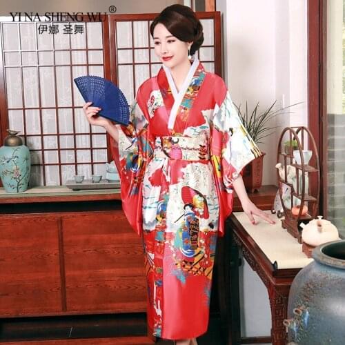 Japanese Kimono Female Summer Leisure Wear Kimono Bathrobe Satin Printed Women Long Style Japanese Cosplay Costume Free Size
