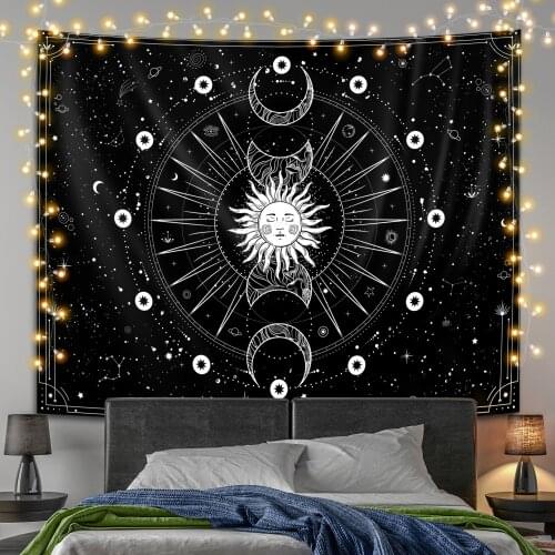 Sun and Moon Tapestry Psychedelic Black and White Mountain Wall Hanging Hippie Mushroom Tapestry Wall Rugs Dorm Decor Blanket