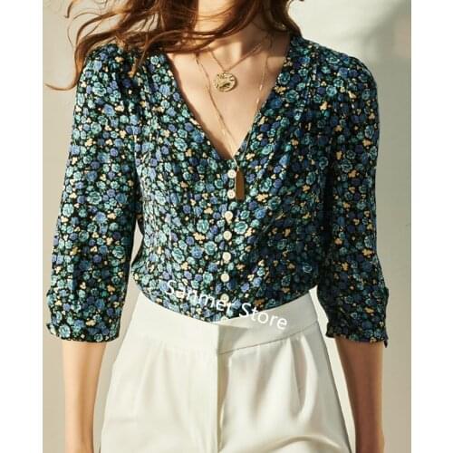 Spring Summer Women Three Quarter Sleeve Shirt Retro V-neck Dot Floral Printed Blouse Top