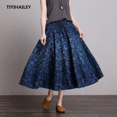TIYIHAILEY Free Shipping Long Maxi A-line Skirt Women Elastic Waist Spring And Summer Denim Jeans Patchwork Print Vintage Skirts