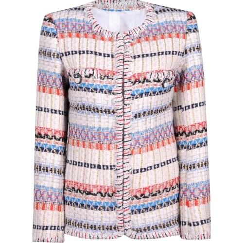 French style small fragrance elelgant weave jacket women o-neck straight loose color striped stitching vintage outwear