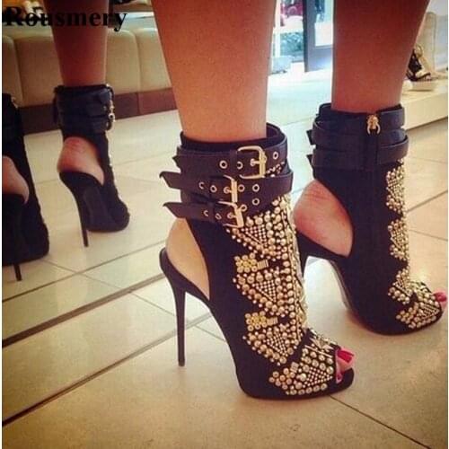 Women Sexy New Design Open Toe Spike High Heel Ankle Boots Gold Rivet Ankle Buckle Design Gladiator Boots Dress Shoes