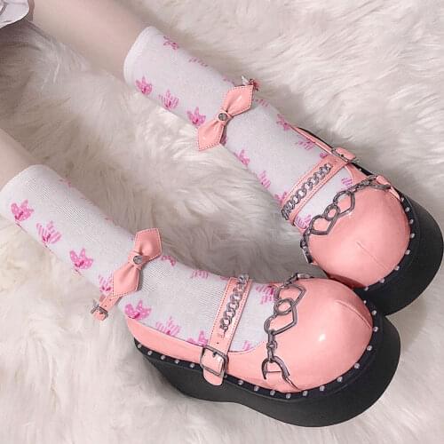 2021 Cute Gothic Style Lolita Cosplay Black Comfy Walking Chains Chunky Platform Mary Janes Flats Shoes Women Footwear