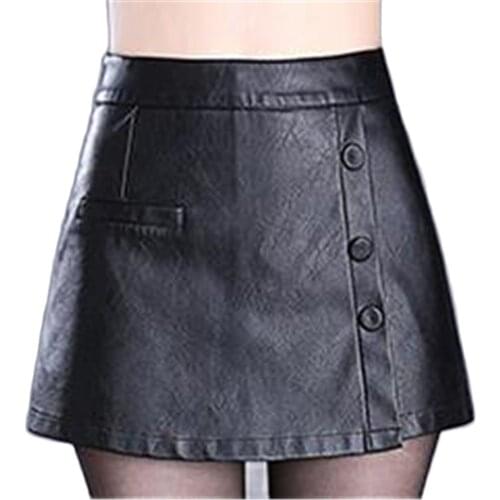 Woman Spring Plus Size Pu Above Knee Skirts Female Autumn Oversized Black Leather Skirt Lady Winter Loose Leather Button Shorts