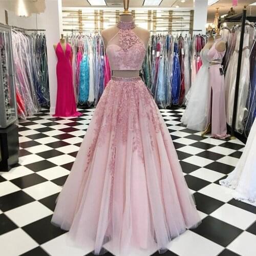 Pink Prom Dresses A-line Halter Tulle Lace Beaded Two Pieces Party Maxys Long Prom Gown Evening Dresses Robe De Soiree