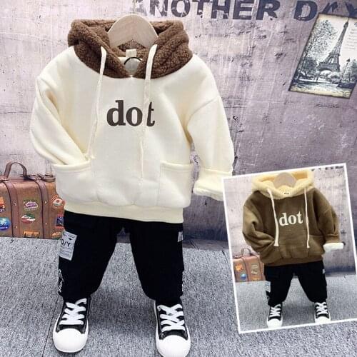 Winter Suits For Boys New Arrival Toddler Kids Casual Sports Suit Letter Hooded Sweatshirt Plus Velvet Pants 2pcs Set For Boys