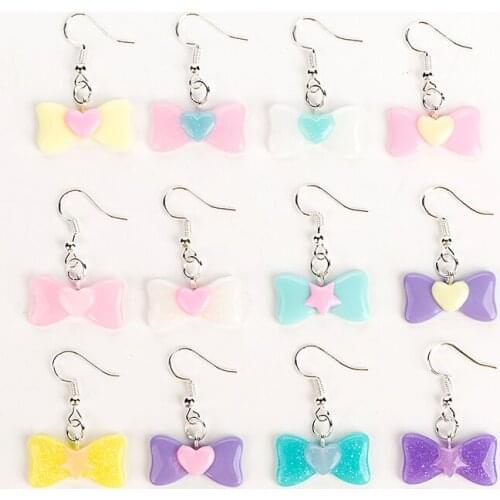 1pair Cute Heart And Bow Drop Earrings Resin Gradient Bow Heart Earrings for women Birthday Gifts Jewelry