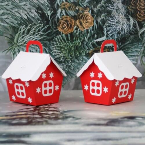 10Pcs Cute Red Xmas House Shape Candy Box Christmas Gift Packaging Box Birthday Wedding Party Favors Carrier Holiday Decoration