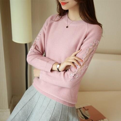 2019 Fall European Womens basic round neck lace sleeve sweater slim Korean head female sweaters pullovers