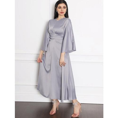 Women Muslim Maxi Dresses Wrap Front Satin Long Flare Sleeves Modesty American European Elegant Gowns Party Evening Solid Color