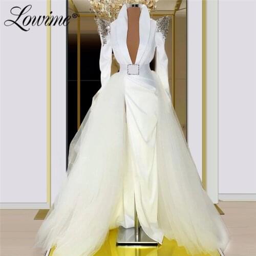 Robe White Pageant Party Dress Beaded Muslim Evening Dresses 2020 Saudi Arabic Women Formal Dress Prom Gown Vestido De Festa