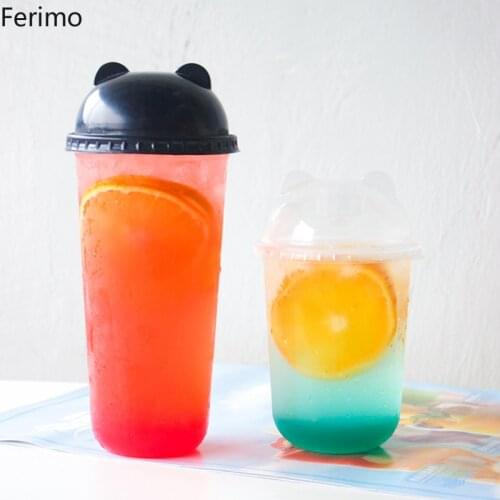 Ferimo 100pcs U-shaped cup transparent round bottom Disposable plastic creative fat cup juice milk tea packaging cup with lid