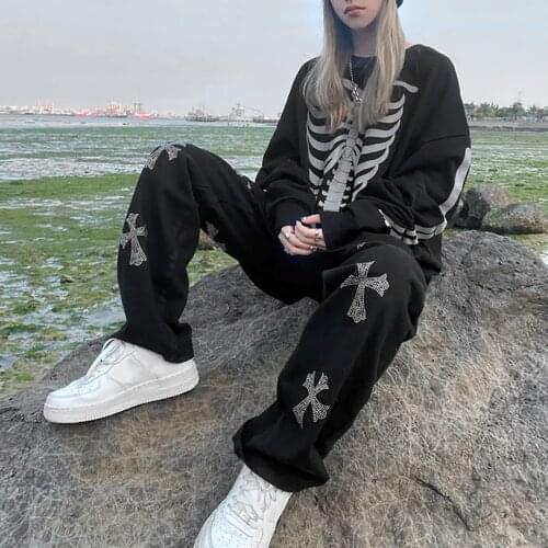 Skull Print Street Hip Hop Long Sleeve Women Gothic Clothes Loose Fashion Top Streetwear Daily Horror O Neck Oversize T Shirt G3
