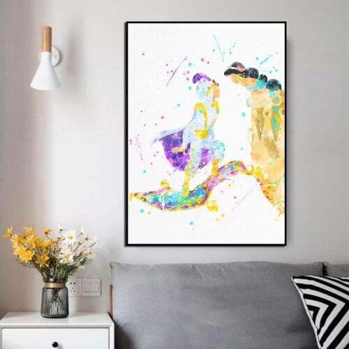 High-Definition Aladdin And Jasmine Watercolor Wall Art Canvas Painting Classic Cartoon Aladdin Magic Carpet Posters Prints Nurs
