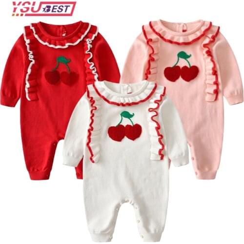 Baby Rompers Knitted Cherry Autumn Long Sleeve Infant Boys Girls Jumpsuits Playsuits One Piece Childrens Sweaters Outfits 0-24M