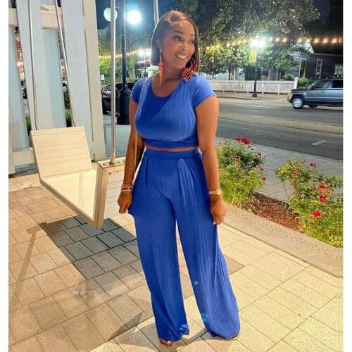 Two Piece Set Women Summer Clothes Sexy Short Sleeve T-shirt Crop Top+wide Leg Pants Sets Club Outfits Streetwear Wholesale