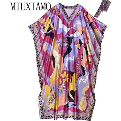 MIUXIMAO 2021 Bohemian Plus Size Dress o-neck Batwing Sleeve Maxi Dress Women Silk Floor Length Flower Print Kaftan Dress Belt
