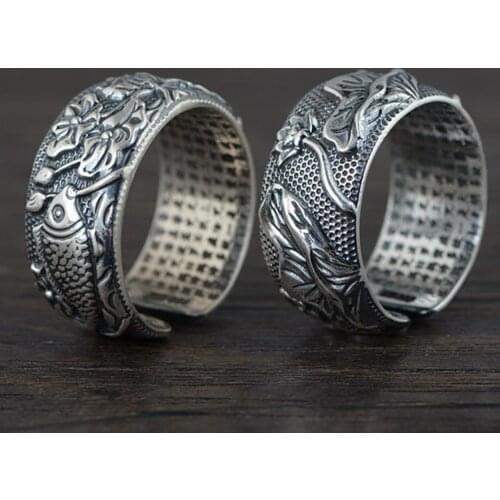 Mens Lotus Fun Signet Joyas Plata 925 Silver Ring Vintage Jewelry Men Heart Sutra 925 Sterling Silver Thai Amulet Fish Rings