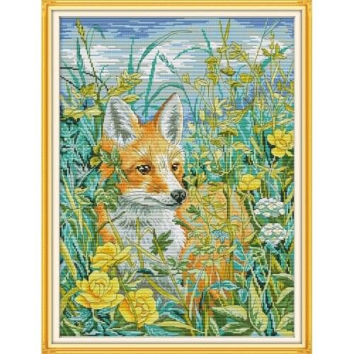 Fox in the flowers Count Cross Stitch Set Cute Cartoon Animal Pattern 14ct 11ct Cross Stitch Kit DIY Embroidery Kit Needlework