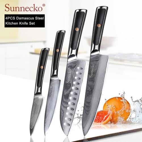 SUNNECKO 4PCS Kitchen Knives Set Chef Utility Santoku Paring Knife Damascus Japanese VG10 Steel G10 Handle Sharp Cutting Tools