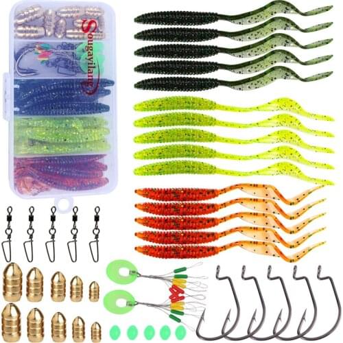 Sougyailang 42Pcs/lot Fishing Lure Kit Mixed Soft Worm Lure Carp Jig Hooks Fishing Connector Fishing Accessories Set
