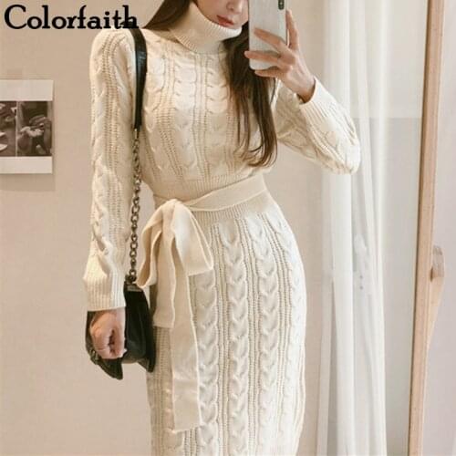 Colorfaith New 2021 Autumn Winter Women Dresses Sashes Bow Turtleneck Straight Warm Sweater Elegant Casual Office Ladies DR298