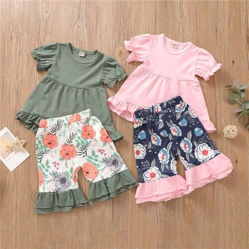 1-4 Years Baby Girls 2pcs Outfit Set Puff Short Sleeve Round Neck Tops Floral Print Shorts Set Girls Summer Clothes Set