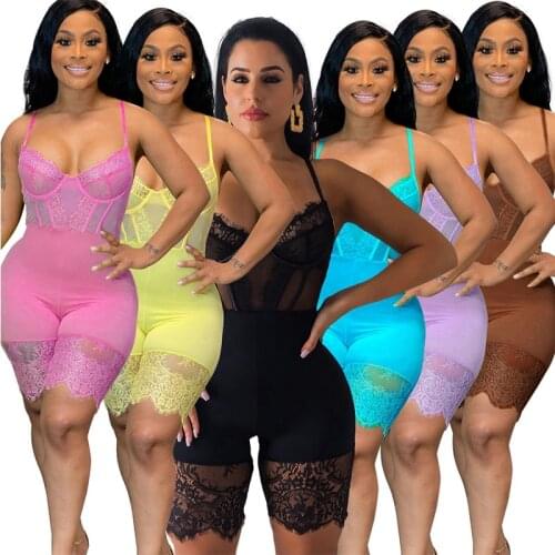 Sexy Women Jumpsuits Lace Romper Deep V Neck Spaghetti Straps Summer Pajamas One Piece Outfit Plain Club Playsuits Rompers XXL