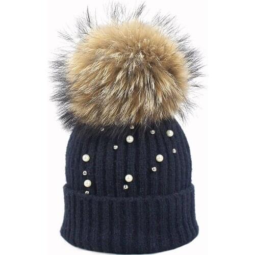 Pom Pom Beanie Hat Women Warm Knitted Bobble Real Fur Pompom Hat Pearl Beanies Children Real Raccoon Fur Pompon Sequins Winter