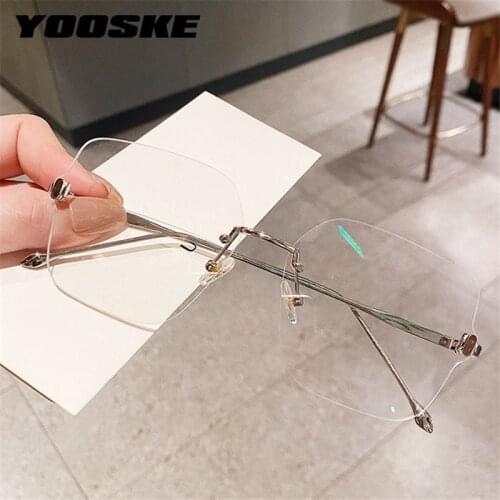 YOOSKE Frameless Trimming Anti Blue Light Glasses Metal Square Eyeglasses Frame Men Women Rimless Myopia Spectacle Frames