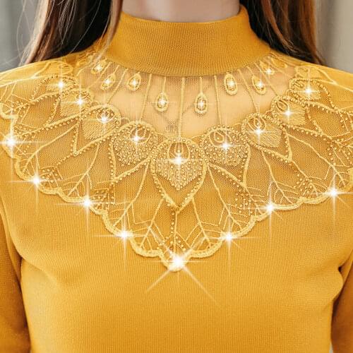 2020 New Women Autumn Winter Warm Turtleneck Blouse Lady Elegant Embroidery Fashion Slim Hollow Out Mesh Diamonds Shirt A363