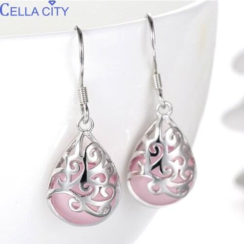 Cellacity Pink White Water Drop Shaped Ear drops Silver 925 Jewelry Gemstones Earrings for Women Hollowed pattern Engagement