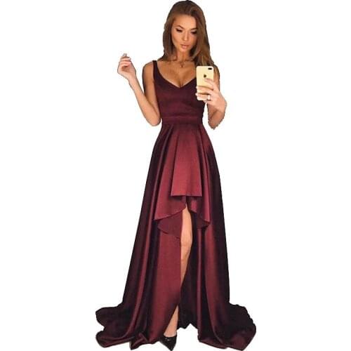 Satin Burgundy Prom Dresses Sleeveless V-Neck A-Line Simple Long Sexy High Low Cocktail Evening Gowns For Wedding Party Guests